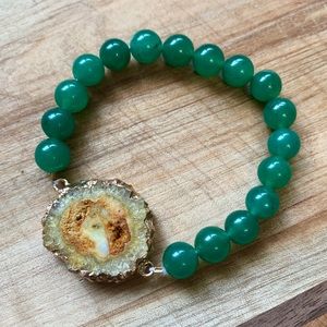 Jade and Yellow Solar Quartz Beaded Stretch Bracelet Electroplated Gold Druzy